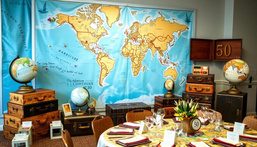 Travel-themed 50th birthday decorations with maps, globes, and suitcase props Travel-themed 50th birthday decorations with maps, globes, and suitcase props