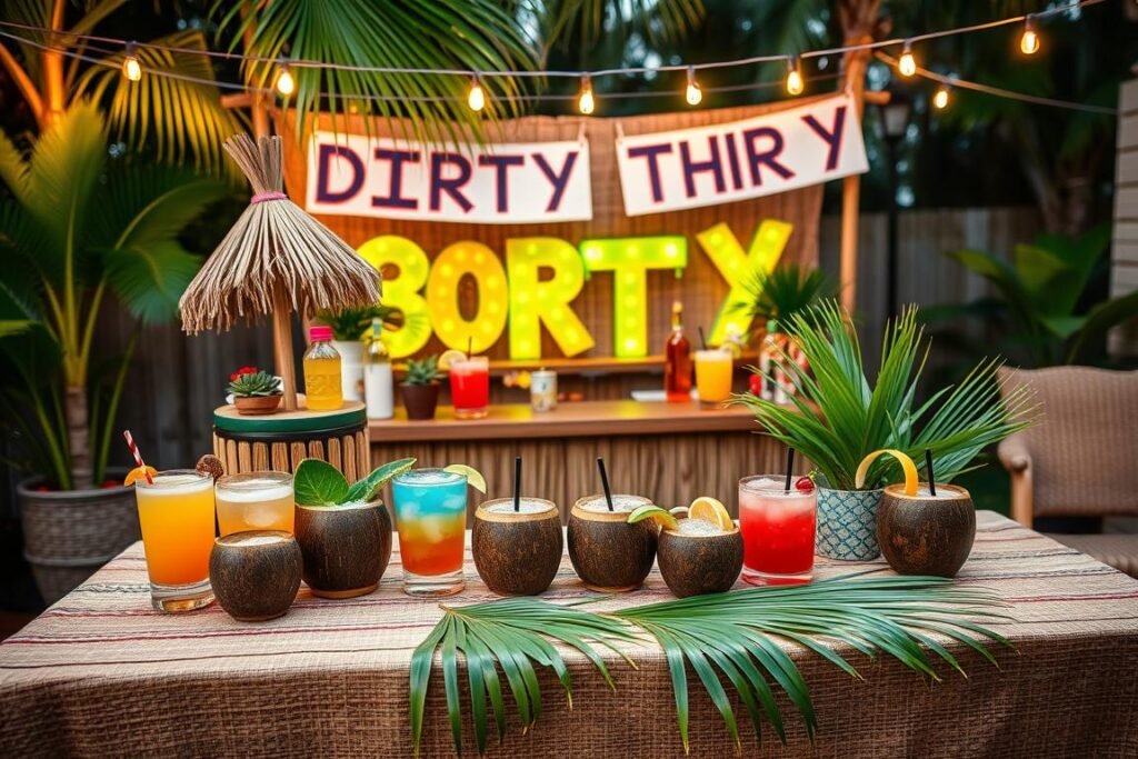 Tropical beach-themed 30th birthday party with tiki bar, palm decorations, and colorful cocktails