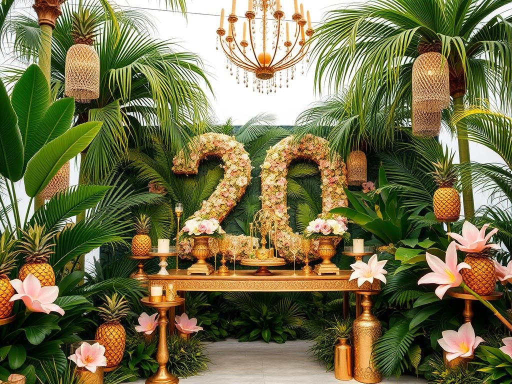 Tropical luxury themed 20th birthday with elegant palm decorations and gold accents