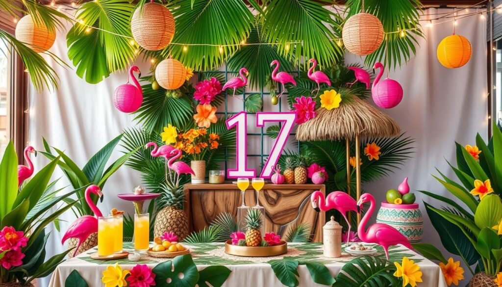 Tropical paradise 17th birthday theme with palm leaves, flamingos, and bright summer decorations Tropical paradise 17th birthday theme with palm leaves, flamingos, and bright summer decorations