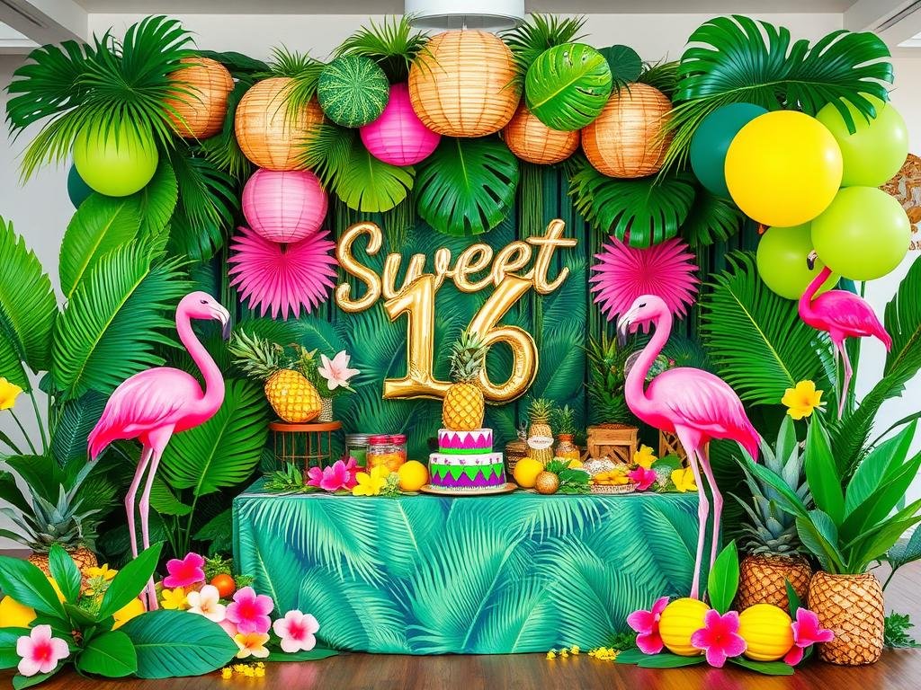 Tropical paradise sweet 16 decorations with palm leaves, flamingos, and bright colors Tropical paradise sweet 16 decorations with palm leaves, flamingos, and bright colors