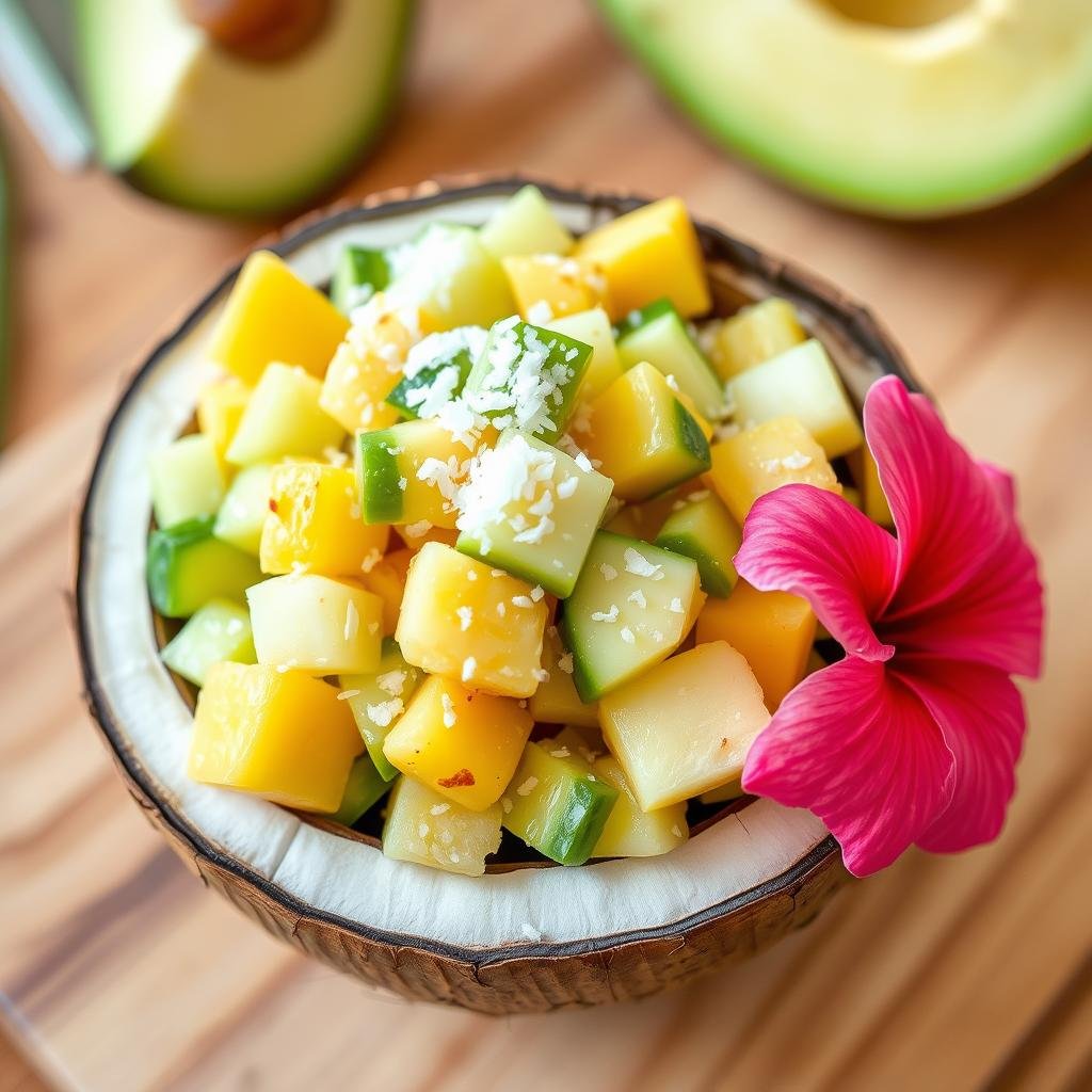 Tropical pineapple cucumber salad with mango, avocado and coconut flakes