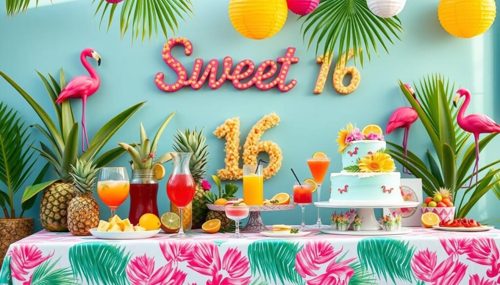Tropical summer Sweet 16 party with bright colors, palm leaves, and fruit decorations