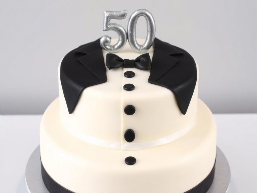 Tuxedo-inspired 50th birthday cake with white fondant, black accents, and bow tie detail Tuxedo-inspired 50th birthday cake with white fondant, black accents, and bow tie detail