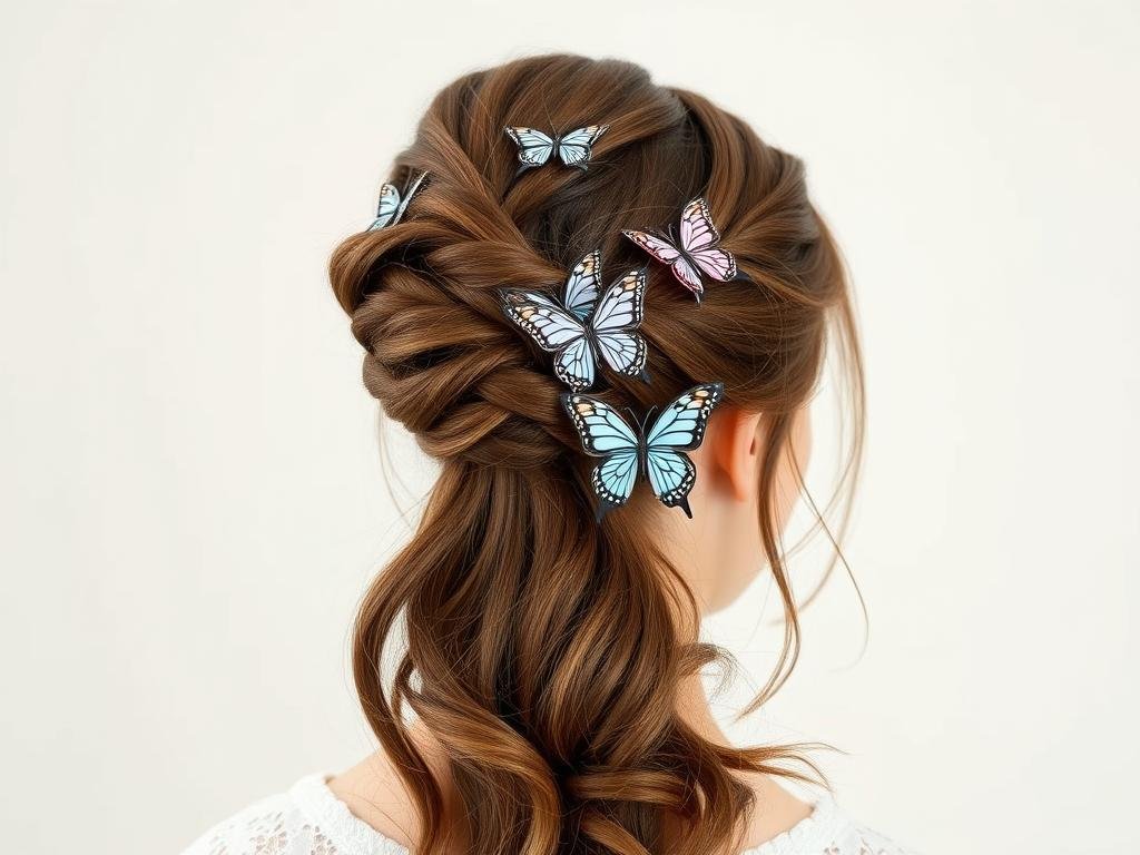 Twisted half-up sweet 16 hairstyle with butterfly accessories