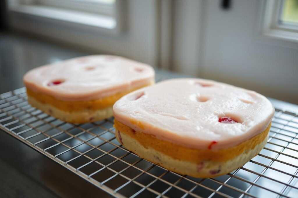 Two baked strawberry cake layers cooling on a wire rack Two baked strawberry cake layers cooling on a wire rack