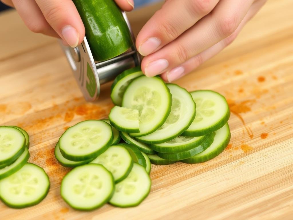 Using a mandoline to thinly slice cucumbers