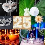 Various 25th birthday themes displayed in a collage showing silver jubilee, masquerade, and tropical party decorations