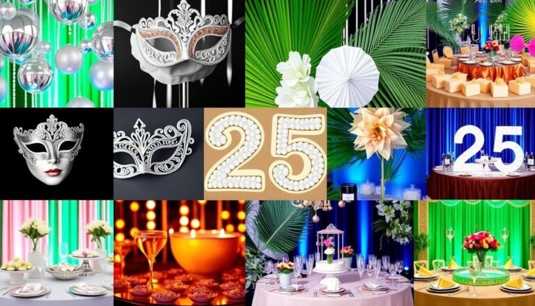 Various 25th birthday themes displayed in a collage showing silver jubilee, masquerade, and tropical party decorations
