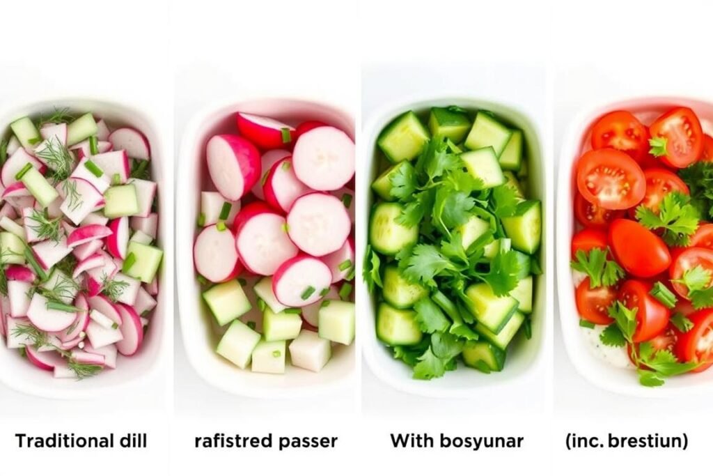 Various German cucumber salad variations with different herbs and ingredients