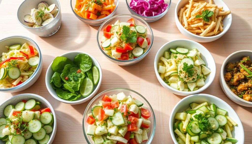 Various TikTok cucumber salad variations arranged in a beautiful display