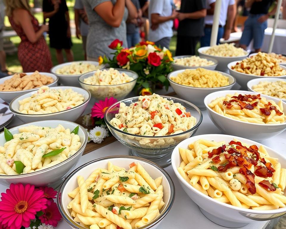 Various creamy pasta salads served at an outdoor gathering