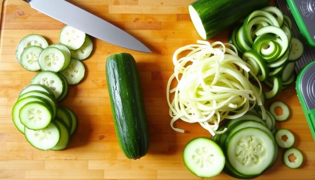 Various cucumber cutting techniques demonstrated on a cutting board