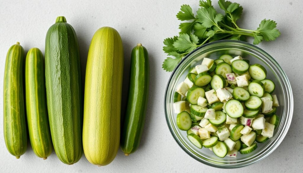 Various cucumber types side by side with the viral cucumber salad