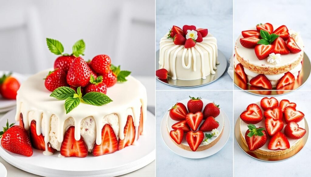 Various decoration ideas for homemade strawberry cake including fresh berries, chocolate drizzle, and edible flowers Various decoration ideas for homemade strawberry cake including fresh berries, chocolate drizzle, and edible flowers