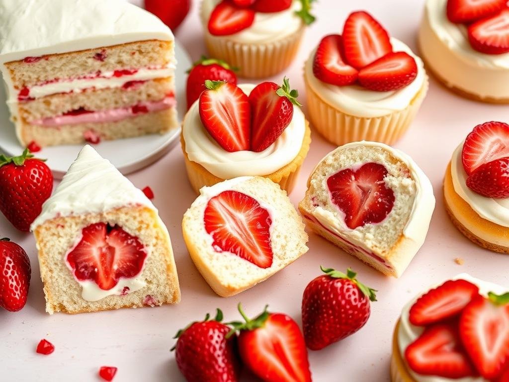 Various desserts featuring strawberry cake filling Various desserts featuring strawberry cake filling