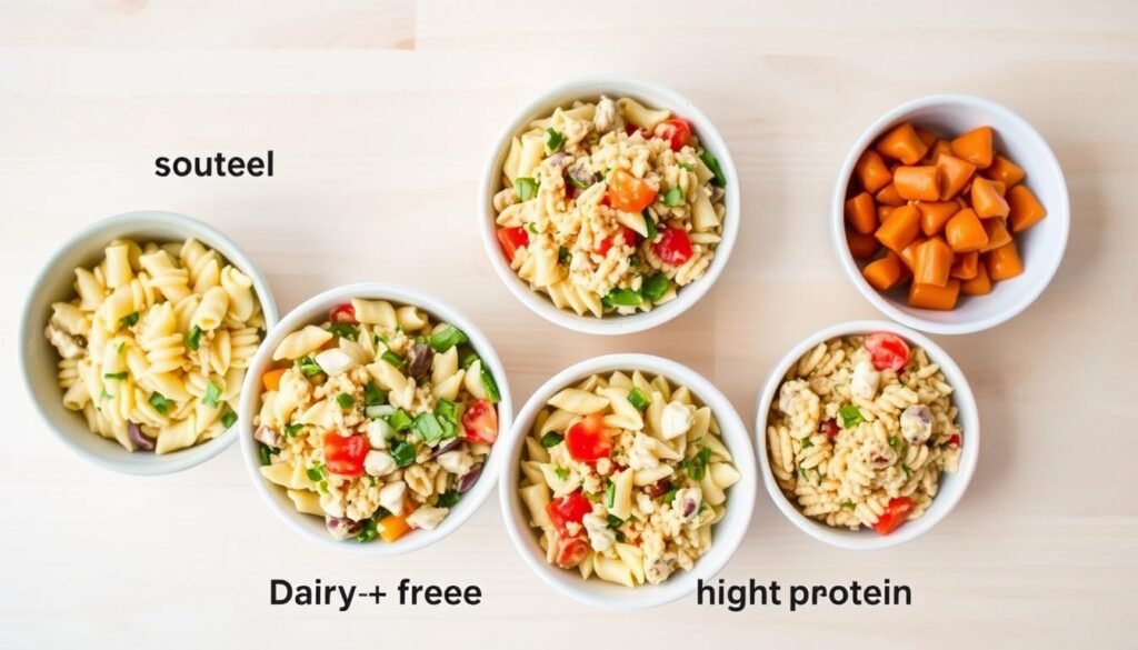 Various dietary variations of tuna pasta salad
