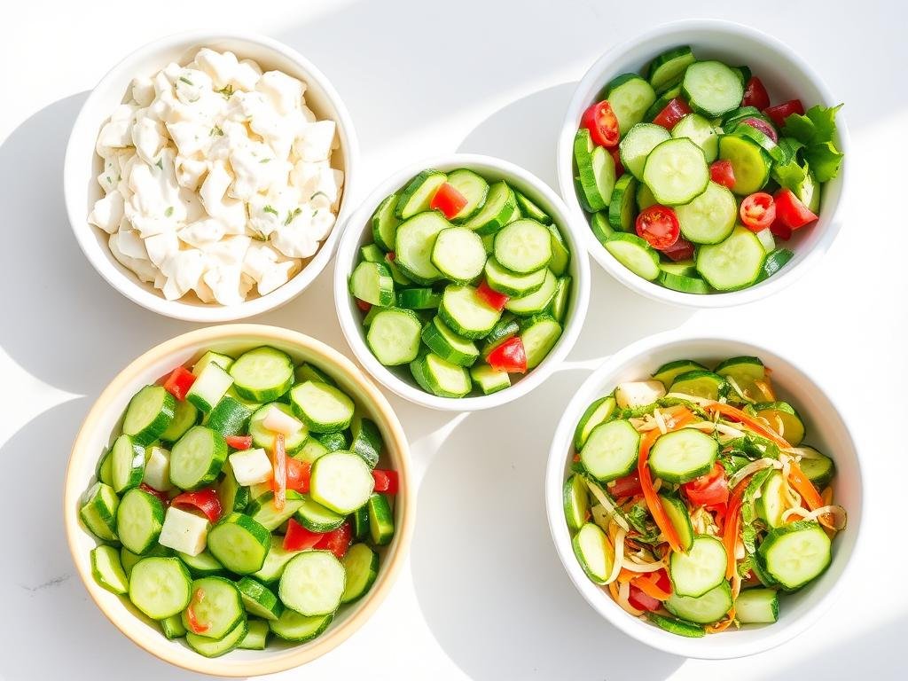 Various healthy cucumber salad variations in individual serving bowls