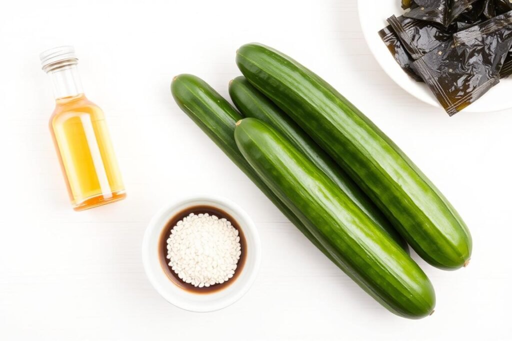 Various ingredients for Japanese cucumber salad arranged on a wooden surface