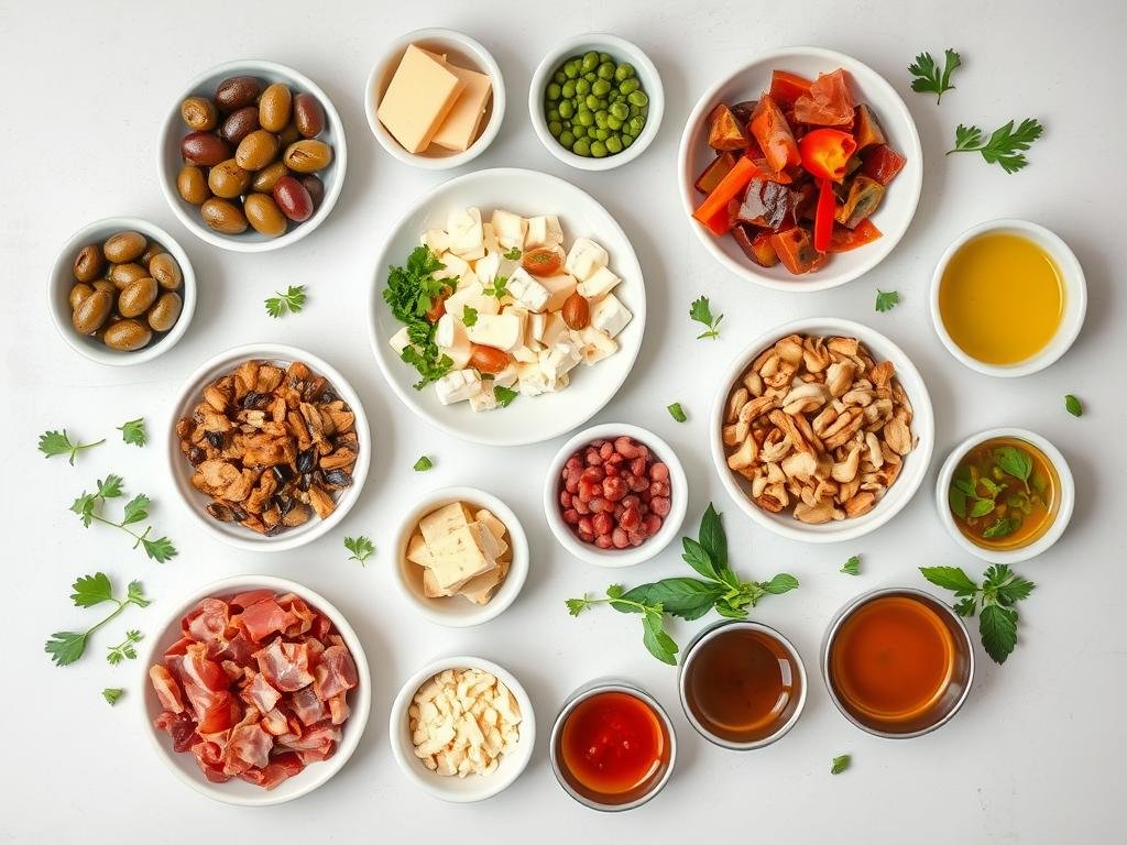 Various ingredients for customizing Italian pasta salad arranged on a table