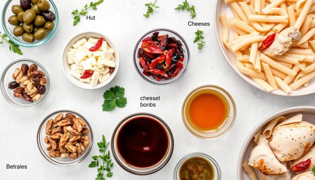 Various ingredients for customizing chicken pasta salad