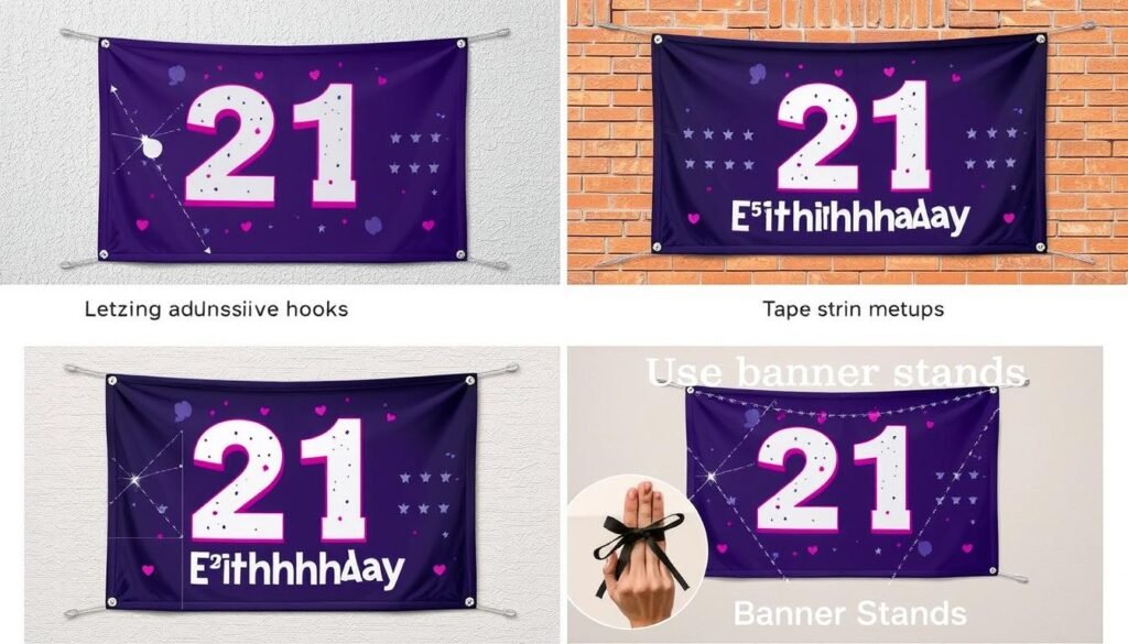 Various methods of hanging 21st birthday banners on different surfaces