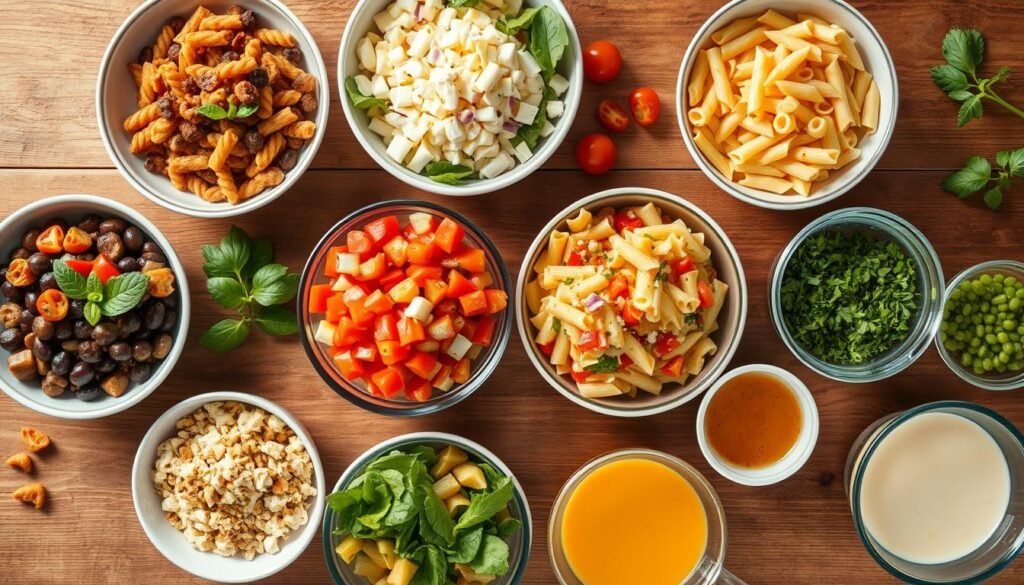 Various pasta salad ingredients laid out for customization