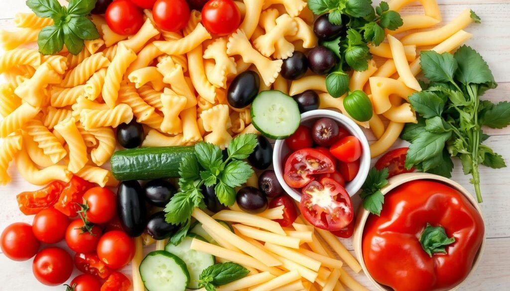 Various pasta shapes and ingredients for pasta salad recipes Various pasta shapes and ingredients for pasta salad recipes