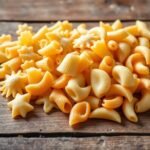 Various pasta shapes ideal for easy pasta salad recipes arranged on a wooden surface