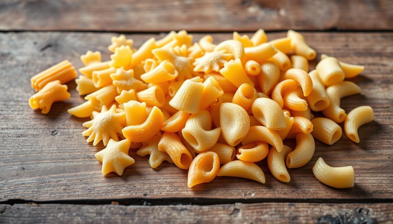 Various pasta shapes ideal for easy pasta salad recipes arranged on a wooden surface