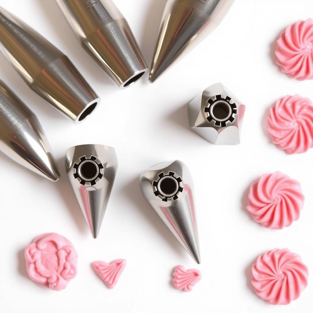 Various piping tips used for strawberry cake decoration laid out with examples of their patterns