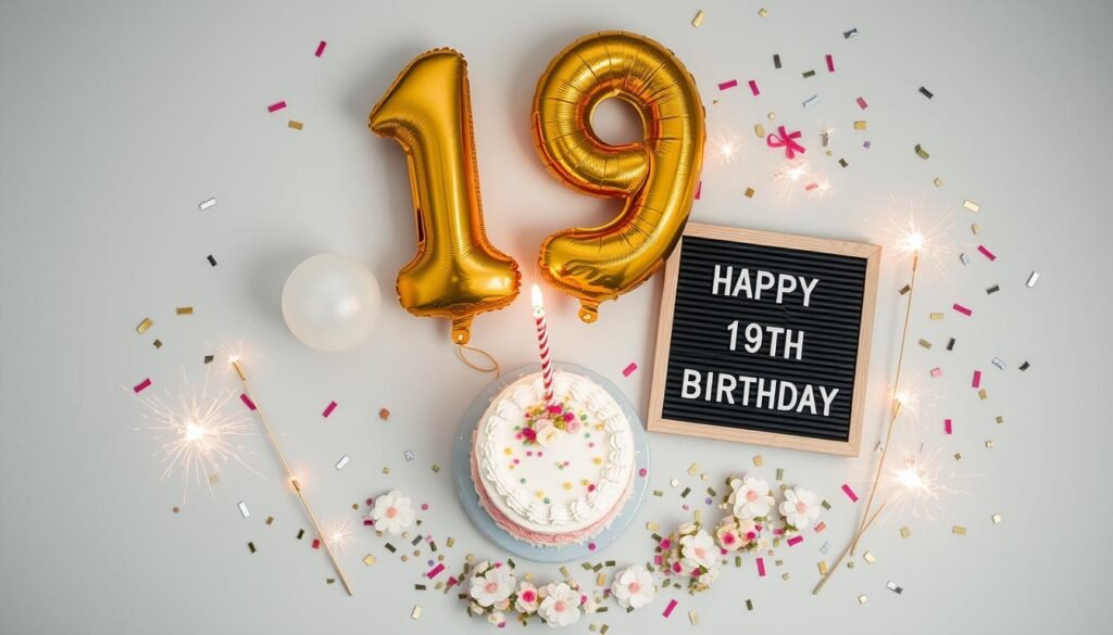 Various props for a 19th birthday photoshoot including number balloons, cake, and sparklers