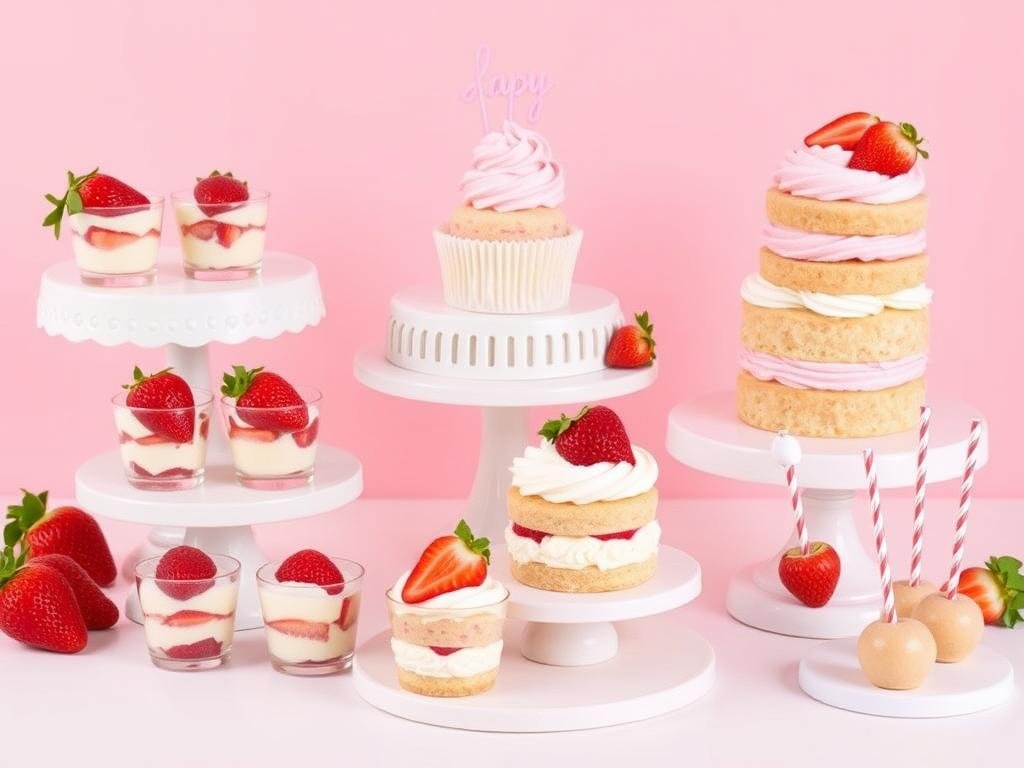 Various strawberry shortcake desserts including mini cups, cupcakes, and a tiered cake for a baby shower