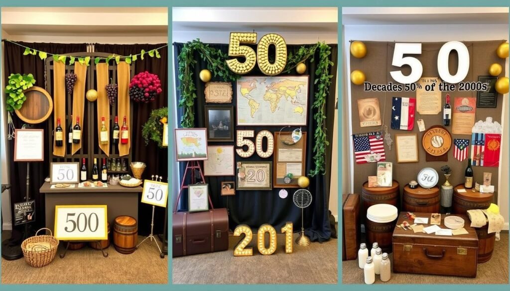 Various themed 50th birthday decoration setups including wine tasting, travel, and decades themes Various themed 50th birthday decoration setups including wine tasting, travel, and decades themes