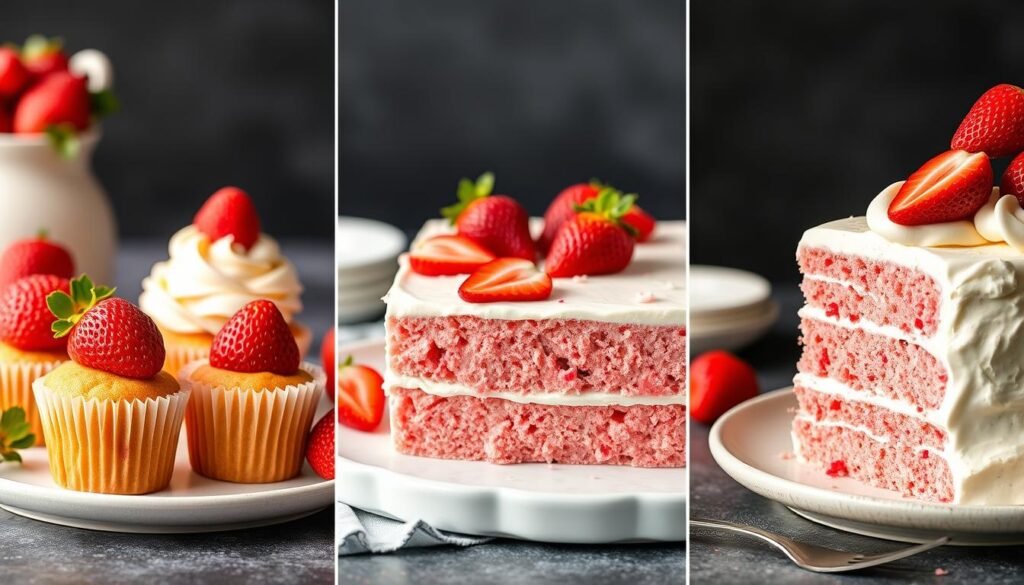 Various versions of fresh strawberry cake with different decorations
