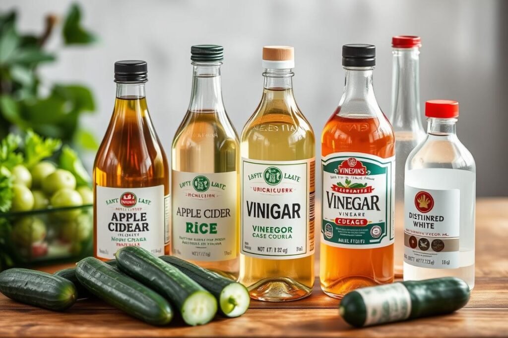 Various vinegar bottles arranged with fresh cucumbers