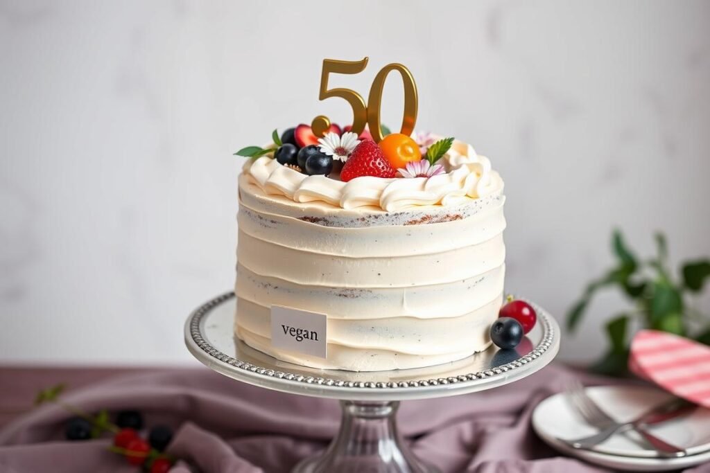 Vegan 50th birthday cake with dairy-free frosting and decorations Vegan 50th birthday cake with dairy-free frosting and decorations