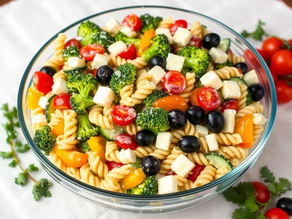 Vegetarian ranch pasta salad loaded with colorful vegetables and cheese Vegetarian ranch pasta salad loaded with colorful vegetables and cheese