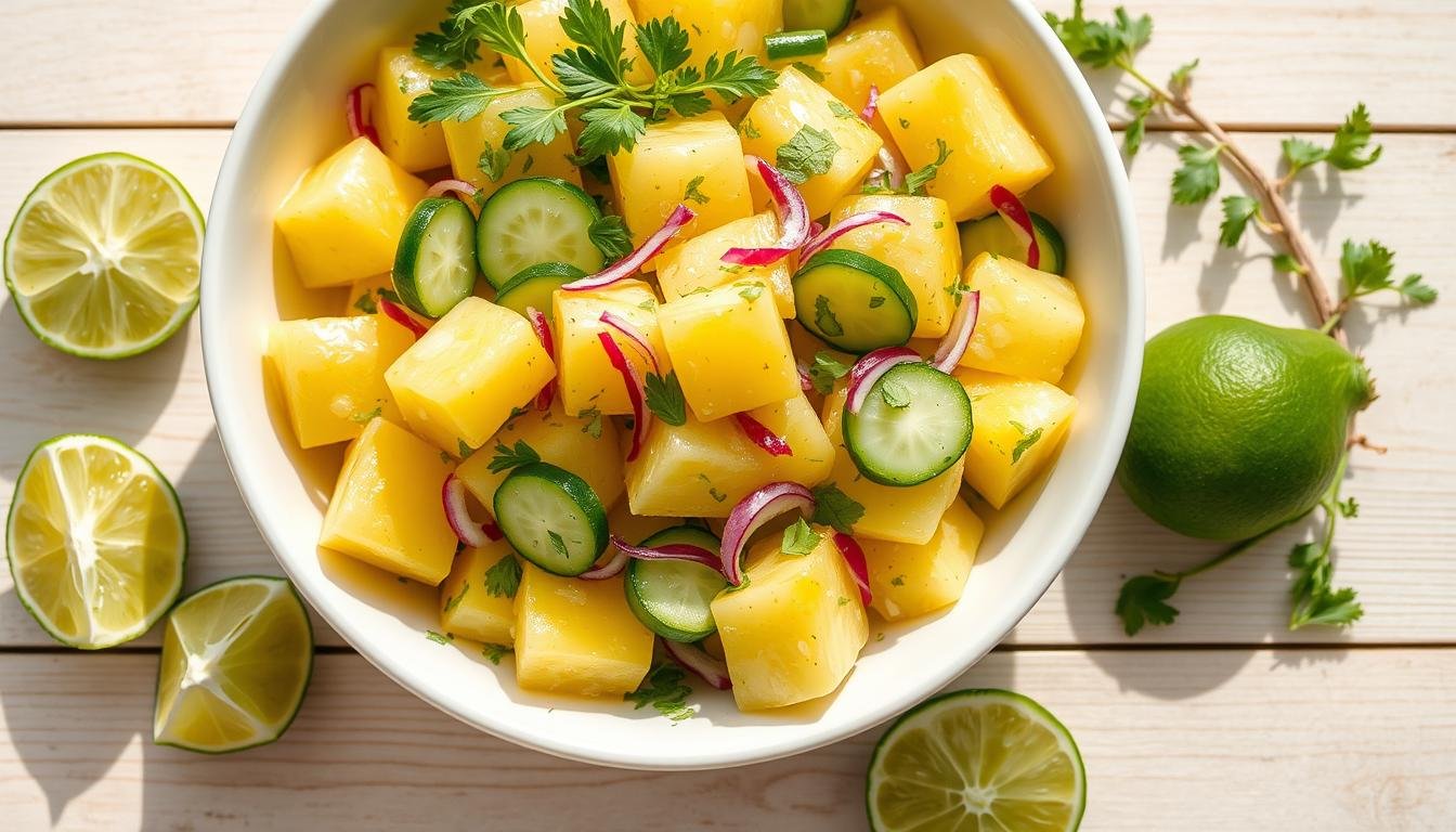 Vibrant pineapple cucumber salad in a white bowl garnished with fresh mint and lime wedges