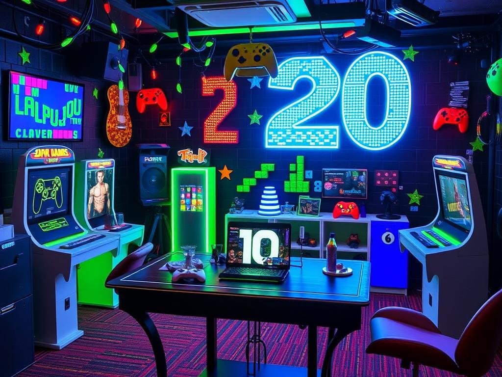 Video game themed 20th birthday with gaming stations and pixel decorations