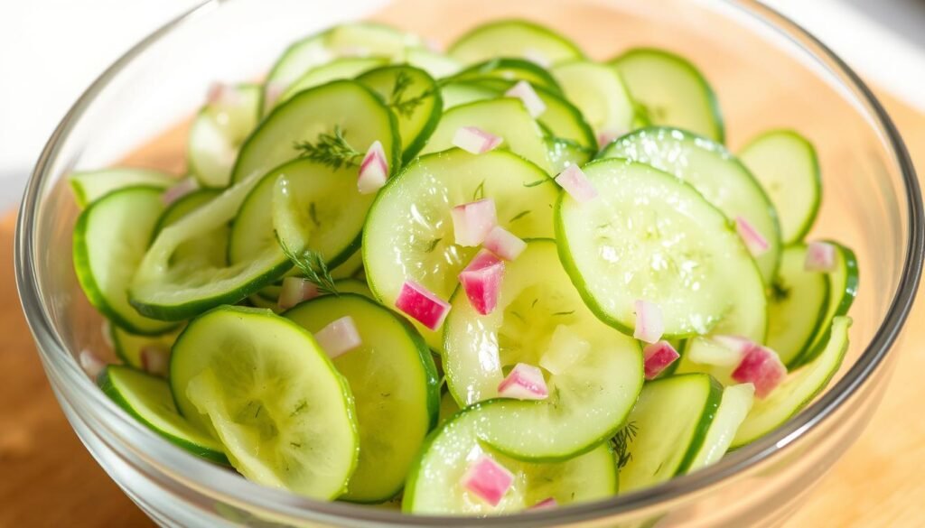 Vinegar-based German cucumber salad in a glass bowl