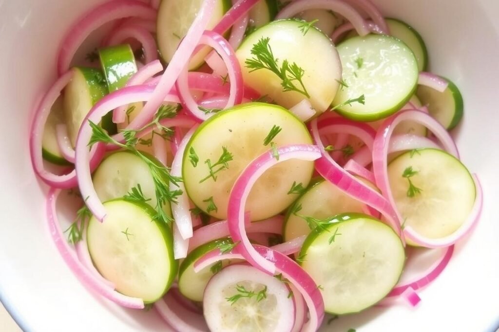 Vinegar-based cucumber salad with red onions and dill in a serving bowl