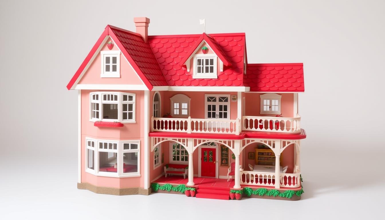 Vintage Strawberry Shortcake Berry Happy Home dollhouse with its distinctive strawberry design and multiple rooms