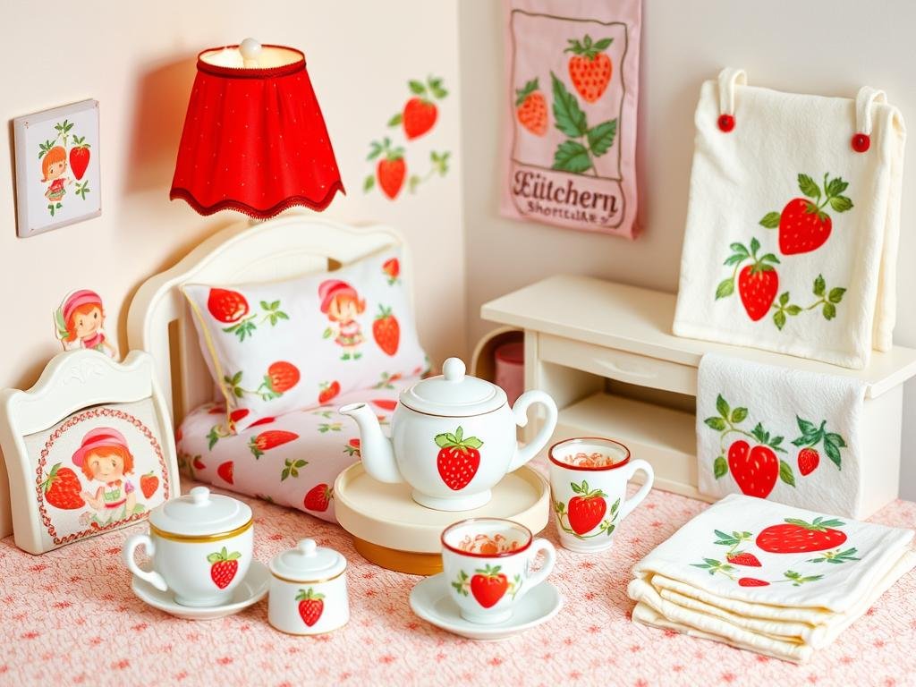 Vintage Strawberry Shortcake household items including dishware and linens