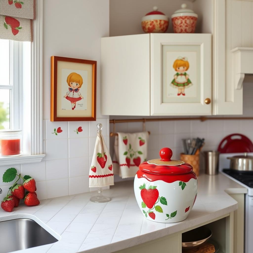 Vintage Strawberry Shortcake themed kitchen with strawberry accents and collectibles