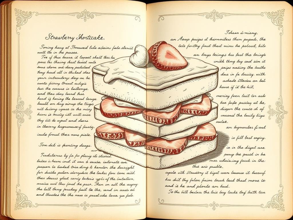 Vintage illustration of strawberry shortcake from an old cookbook
