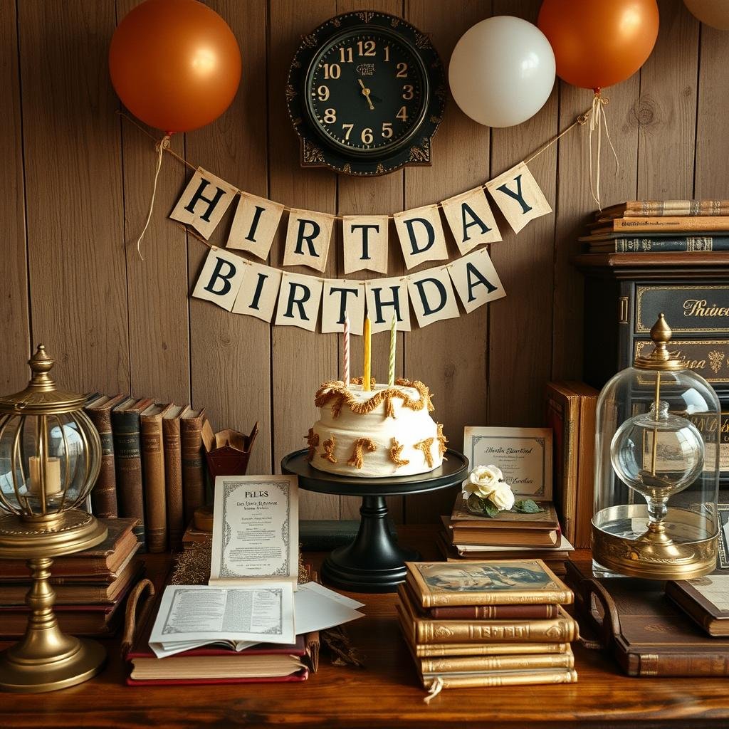 Vintage-inspired aesthetic birthday setup with antique elements and warm tones