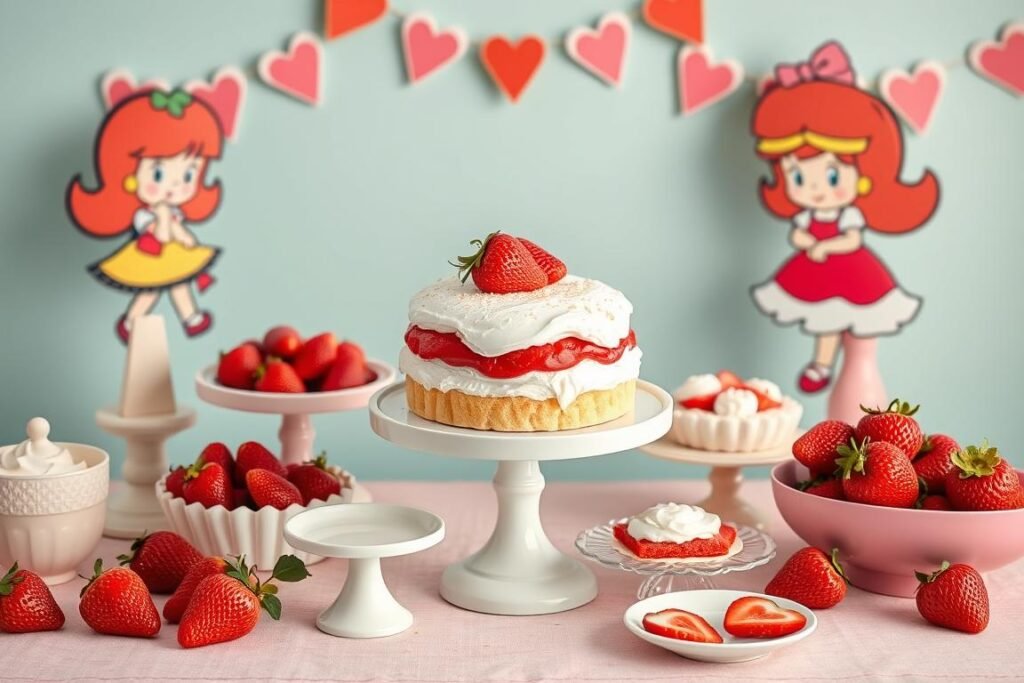 Vintage-inspired strawberry shortcake table setting with 1980s Strawberry Shortcake character decorations