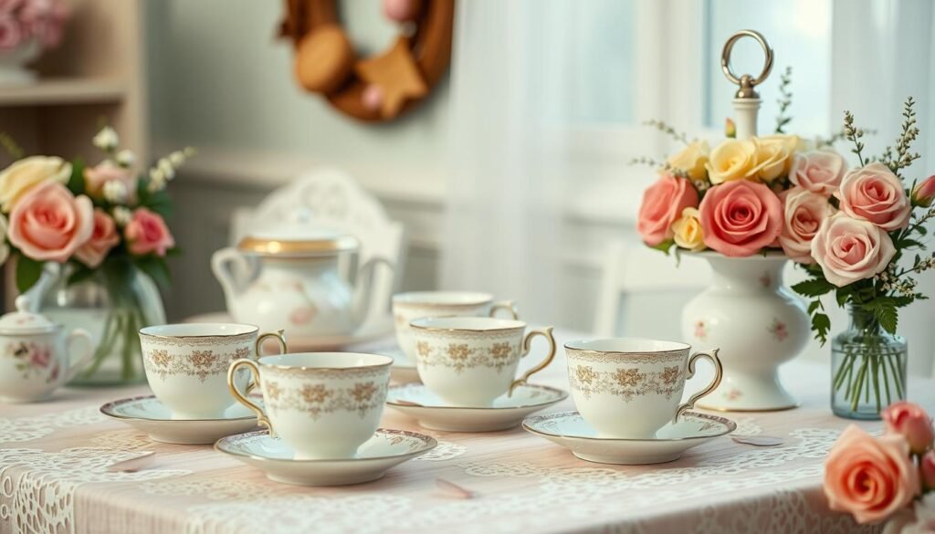 Vintage tea party birthday with antique teacups, lace details, and pastel colors