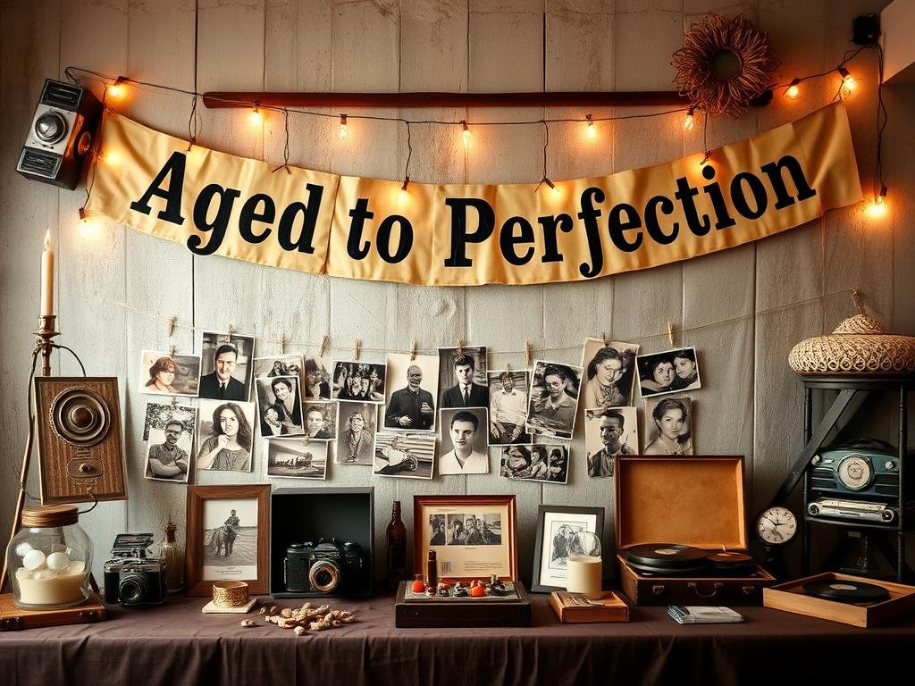 Vintage-themed 50th birthday decorations with photo timeline and aged to perfection banner Vintage-themed 50th birthday decorations with photo timeline and aged to perfection banner